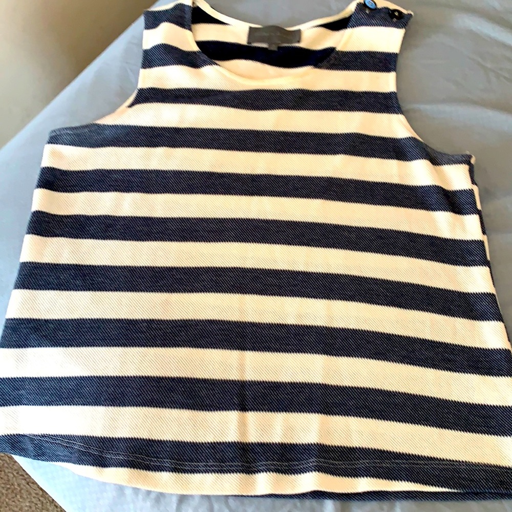 Blue and white striped sleeveless shirt